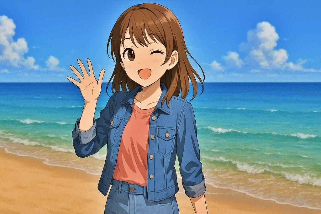 海辺で手を振る女の子