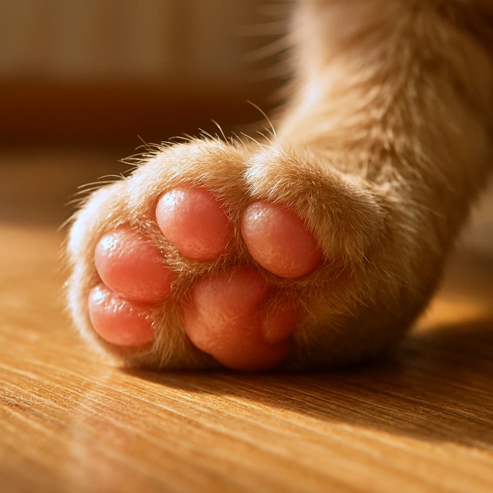 日差しの差し込む木の床に前足を置いた猫の肉球の接写。ピンクのパッドと毛並みが柔らかな光に包まれている