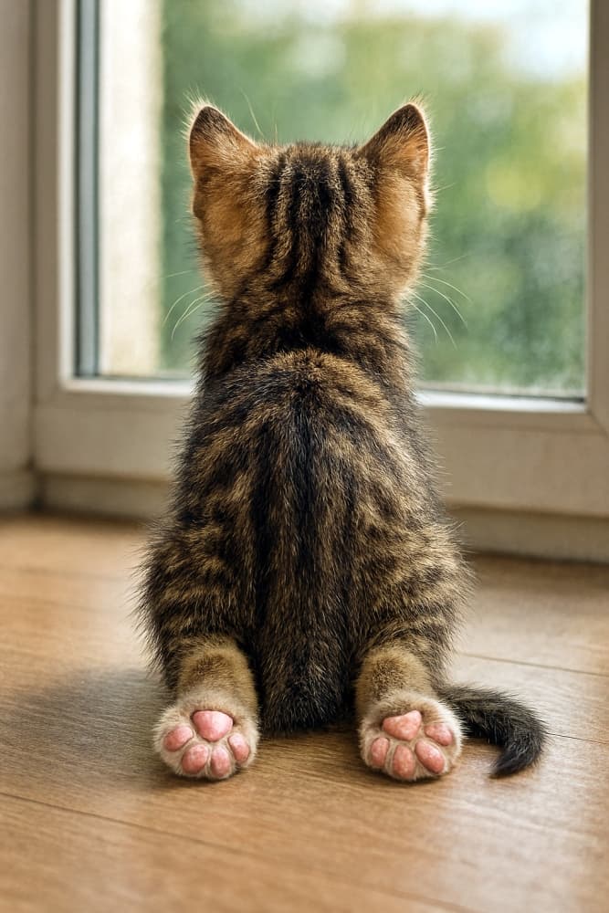 窓辺で外を見つめる子猫の後ろ姿。床に押し付けられたピンクの肉球が柔らかな光に照らされている