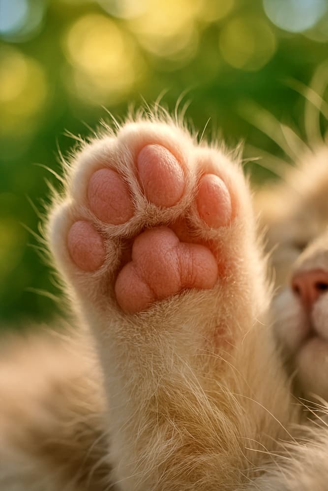 木漏れ日の中でくつろぐ子猫の前足の肉球をマクロ撮影。柔らかなピンクのパッドと繊細な毛並みが写る癒しの一枚
