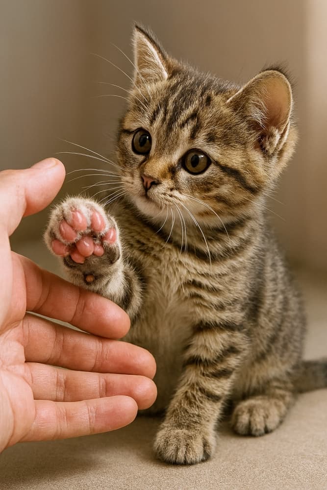 飼い主の手に前足をそっと伸ばす子猫。柔らかな光に包まれ、ピンクの肉球が優しく触れている
