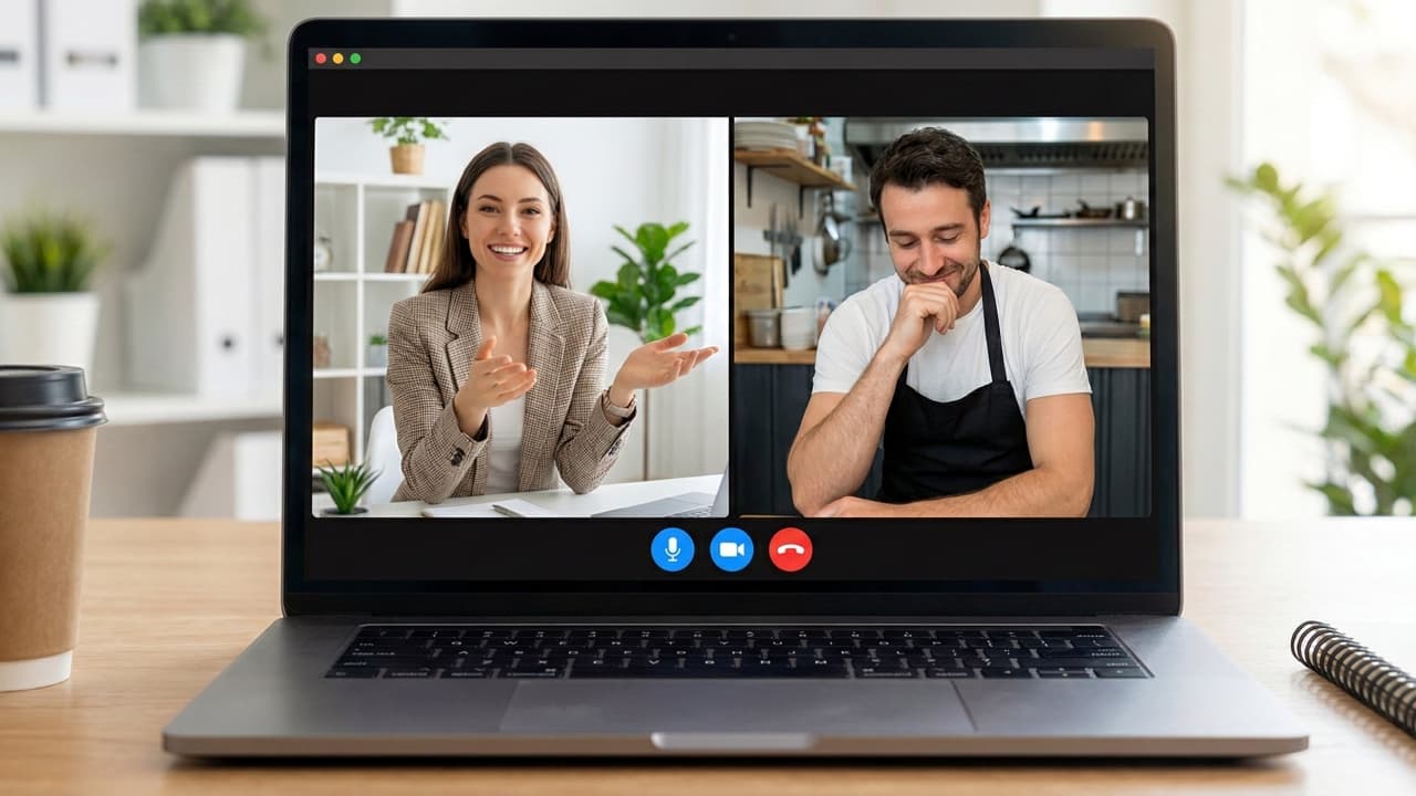 A laptop showing a Zoom video call with a woman in an office and a man in a kitchen. オフィスにいる女性とキッチンにいる男性が映っている、Zoomのビデオ通話を表示しているノートパソコン