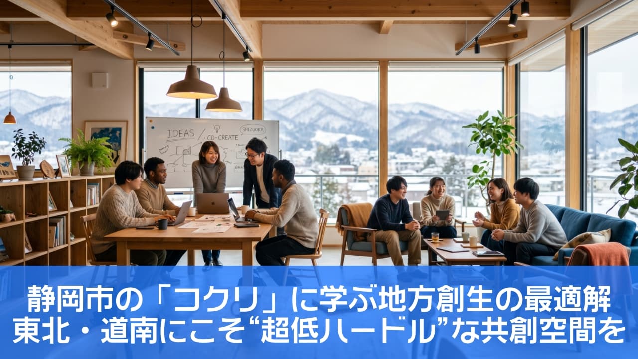 木の温もりが心地よい北国のオープンイノベーションオフィスで、大きな窓から美しい雪山と街並みを背景に、多様なビジネスパーソンが笑顔でディスカッションや共同作業をしている風景。室内には観葉植物やホワイトボード、ノートPCが並び、暖色系の照明が柔らかな雰囲気を演出する、リアルで高品質な写真 An ultra-realistic high-quality photograph of a vibrant open innovation hub in a northern region. Inside a wooden-accented coworking space, a diverse group of professionals are smiling and collaborating with laptops and a whiteboard. Huge glass windows reveal a stunning panoramic view of snow-covered mountains and a rural town in winter, illuminated by warm indoor lighting.