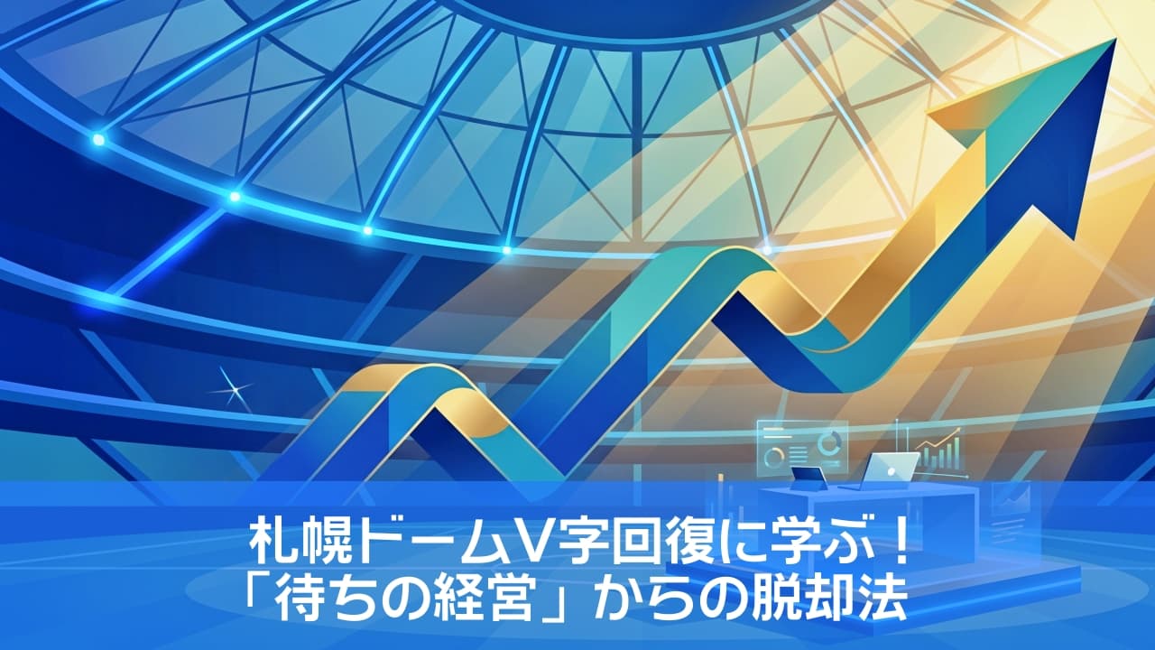 未来的なドームスタジアムの緑のフィールドに、V字回復を象徴する上向きの巨大な青と金の矢印グラフが描かれています。手前にはノートPCが置かれた近未来的なミニマルデスクがあり、朝の光が差し込む高コントラストなフラットベクトルアートです A high-quality professional flat vector illustration inside a massive futuristic domed stadium. A large blue and gold geometric arrow curves sharply upward, symbolizing a business turnaround. A minimalist modern desk with a laptop sits on the green field, illuminated by bright morning sunlight.